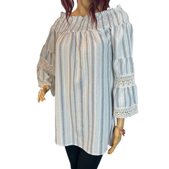 Kiwi + Punch Striped Off-Shoulder Smocked Tunic Blouse With Lace Bell‎ Sleeves - Picture 2 of 6